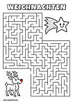 Irrgarten zum Drucken 'Hilf dem Rentier mit roter Nase, den Weg zu der Sternschnuppe zu finden'