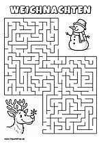 Irrgarten zum Drucken 'Hilf dem Rentier mit Schneeflocke, den Weg zu dem Schneemann zu finden'