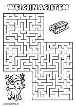 Irrgarten zum Drucken 'Hilf dem Rentier mit Weihnachtsmütze, den Weg zu den Schlitten zu finden'