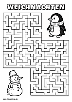 Irrgarten zum Drucken 'Hilf dem Schneemann mit Eimer, den Weg zu dem Pinguin zu finden'