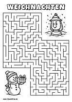 Irrgarten zum Drucken 'Hilf dem Schneemann mit Geschenkbox, den Weg zu der Lampe zu finden'