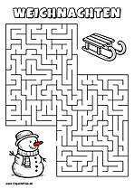 Irrgarten zum Drucken 'Hilf dem Schneemann mit roter Nase, den Weg zu den Schlitten zu finden'