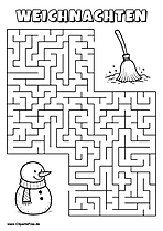 Irrgarten zum Drucken 'Hilf dem Schneemann mit Schal, den Weg zu dem Besen im Schnee zu finden'