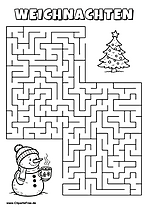 Irrgarten zum Drucken 'Hilf dem Schneemann mit Tasse Kakao, den Weg zu dem Weihnachtsbaum zu finden'