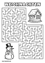 Irrgarten zum Drucken 'Hilf dem Schneemann mit Zylinder, den Weg zu das Eiszapfenhaus zu finden'