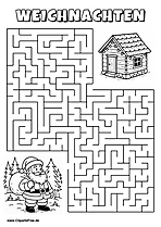 Irrgarten zum Drucken 'Hilf dem Weihnachtsmann, den Weg zu der Hütte im Wald zu finden'