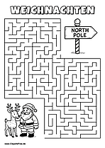 Irrgarten zum Drucken 'Hilf dem Weihnachtsmann und dem Rentier, den Weg zu dem Nordpol-Schild zu finden'