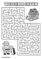 Irrgarten zum Drucken 'Hilf dem Weihnachtsmann und Pinguin, den Weg zu den Schlitten voller Pakete zu finden'