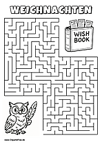 Irrgarten zum Drucken 'Hilf der Eule, den Weg zu dem Buch mit Wunschzetteln zu finden'