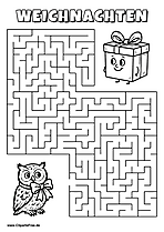 Irrgarten zum Drucken 'Hilf der Eule, den Weg zu der Geschenkkiste zu finden'