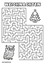 Irrgarten zum Drucken 'Hilf der Eule mit Brille, den Weg zu dem Weihnachtsbaum zu finden'