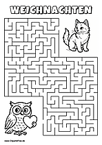 Irrgarten zum Drucken 'Hilf der Eule mit Herz, den Weg zu der Katze zu finden'