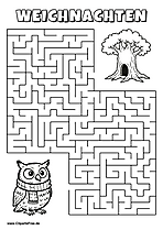 Irrgarten zum Drucken 'Hilf der Eule mit Schal, den Weg zu dem Höhlenbaum zu finden'