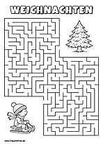 Kind auf Schlitten sucht Tannenbaum Labyrinth zum Drucken