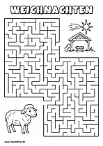 Schaf sucht Weihnachtskrippe Labyrinth zum Drucken