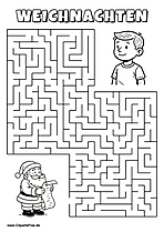 Weihnachtsmann mit Geschenkliste sucht einen Jungen Labyrinth zum Drucken