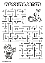 Weihnachtsmann sucht Hase Labyrinth zum Drucken