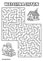 Weihnachtsmann sucht Haus Labyrinth zum Drucken