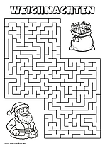 Weihnachtsmann sucht Sack mit Geschenken Labyrinth zum Drucken