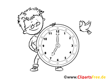 Zum Ausmalen Bild für Schulunterricht Junge und Uhr