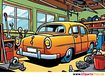 Car in garage clipart in comic style