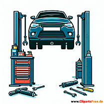 Auto auf der Hebebühne - Stoßdämpfer wechseln - Clipart zum Thema Kfz-Werkstatt
