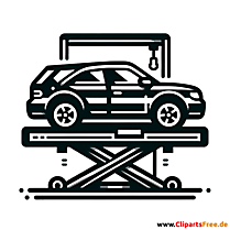 Auto auf der Hebebühne in der Werkstatt Clipart schwarz-weiß