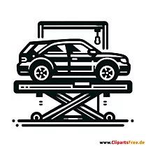Car on the lift in the workshop clipart black and white