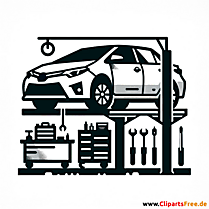 Elektroauto in der Werkstatt Clipart schwarz-weiß