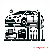 Electric car in the workshop clipart black and white