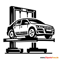 PKW in der Reparaturwerkstatt Clipart schwarz-weiß