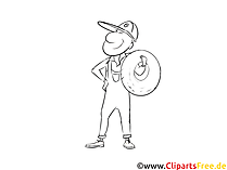 Werkstattmitarbeiter mit Reifen Zeichnung, Grafik, Clipart schwarz-weiss