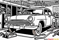 Cartoon car in repair shop clip art black and white