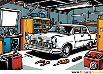 Classic car in workshop being repaired clipart, illustration, picture