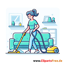 Mujer limpiando apartamento con aspiradora clipart
