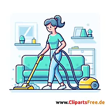 Žena čisti stan s klipartom usisavača
