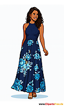 Elegante Frau im blauen Blumenkleid Clipart