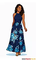 Elegante Frau im blauen Blumenkleid Clipart