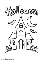 Halloween House with Moon and Bats Coloring Page