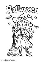 Halloween little witch on a broomstick coloring page