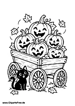 Halloween wagon with pumpkins and black cat coloring page
