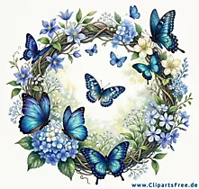 Aquarell-Illustration Kranzes mit Hortensien und Vergissmeinnicht
