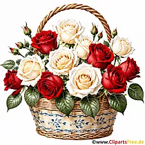 Henkelkorb mit tiefroten und cremeweißen Rosen Bild