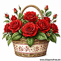 Illustration eines geflochtenen Korbs voller roter Rosen