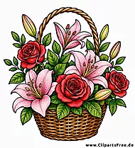 Korb mit roten Rosen und rosa Lilien Clipart