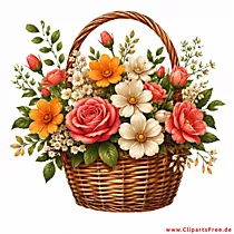 Rosen, Kosmeen und weitere Blüten in einem Korb Clipart
