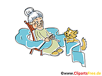 Oma mit Katze zu Hause Cartoon, Clipart, Bild, Illustration