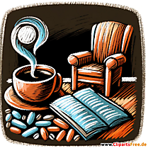 Pause Clipart mit Sessel und Tasse Kaffee in einem Zimmer