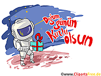 Astronaut auf dem Mond mit Geschenk Grusskarte auf Türkisch, Clipart, Bild
