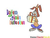 Comic Hund mit Geschenk zum Geburtstag Glückwunschkarte auf Türkisch, Clipart, Bild